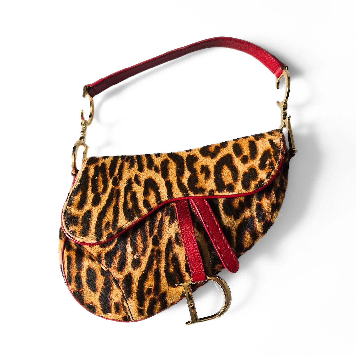 Dior Saddle Bag Leopard Pony-Hair Red Leather Detail