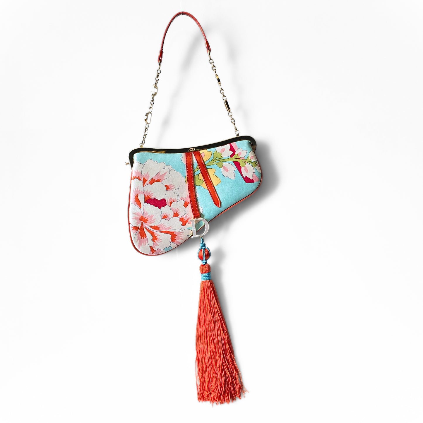 Dior Limited Edition 2003 Runway Floral Print Silk Mini Frame Saddle Bag Front Tassel Detail