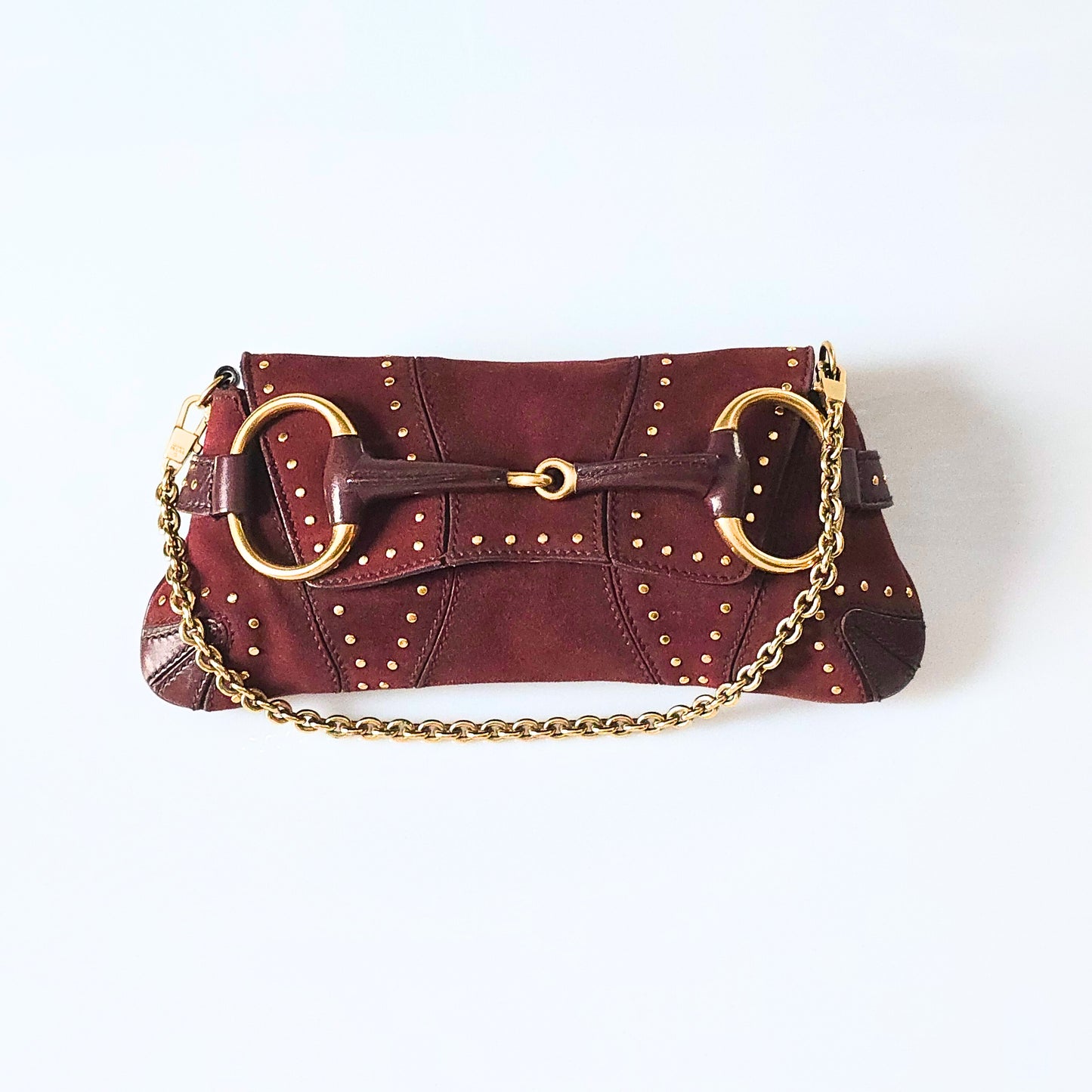 Gucci Horsebit Clutch Tom Ford Era Burgundy Suede Studded