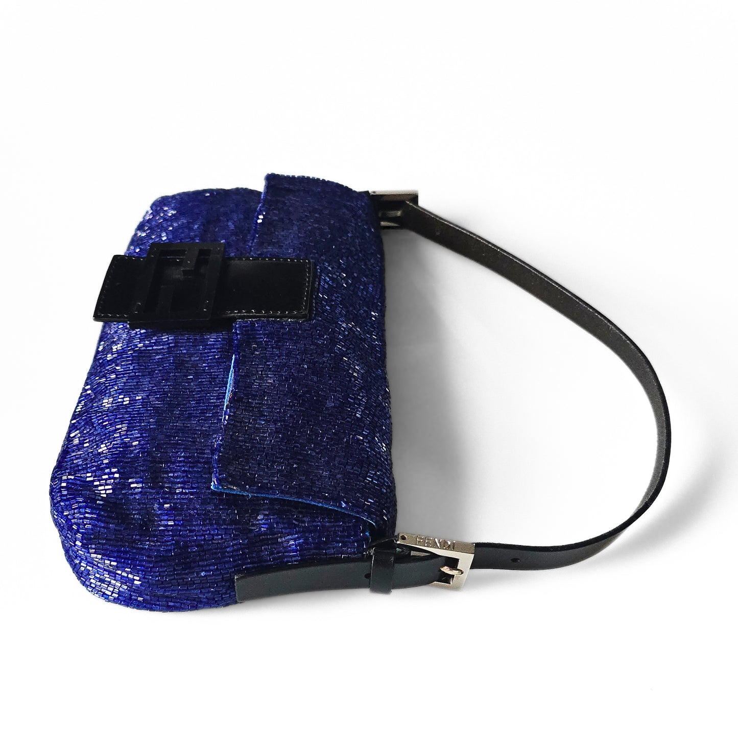 Fendi Baguette Beaded Sapphire Blue Black Leather Detail
