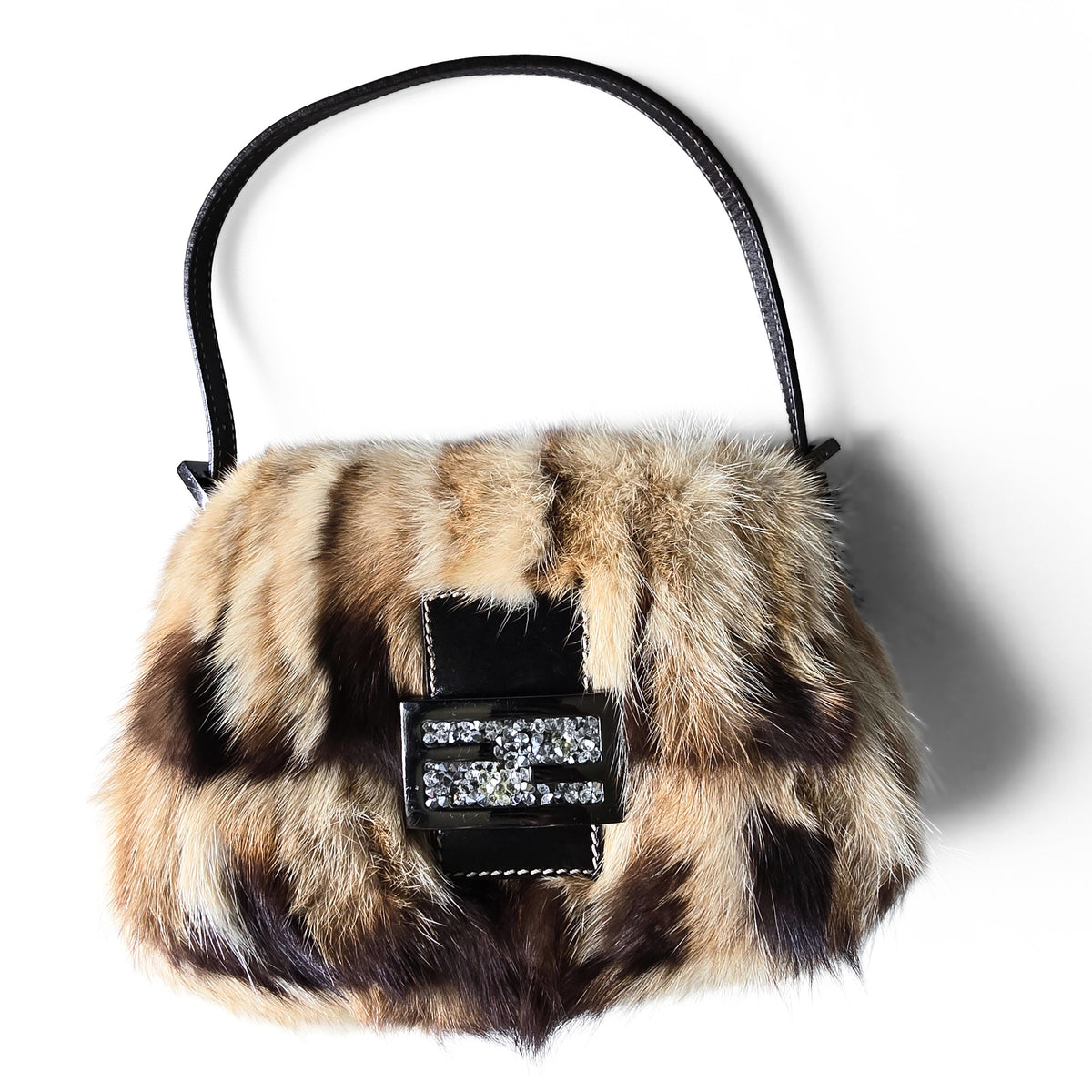 Fendi Mini Mama Baguette Genuine Mink Fur Crystal Detail