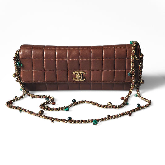 Chanel Chocolate Bar Single Flap Bag Rare Beaded Embellished Chain Strap