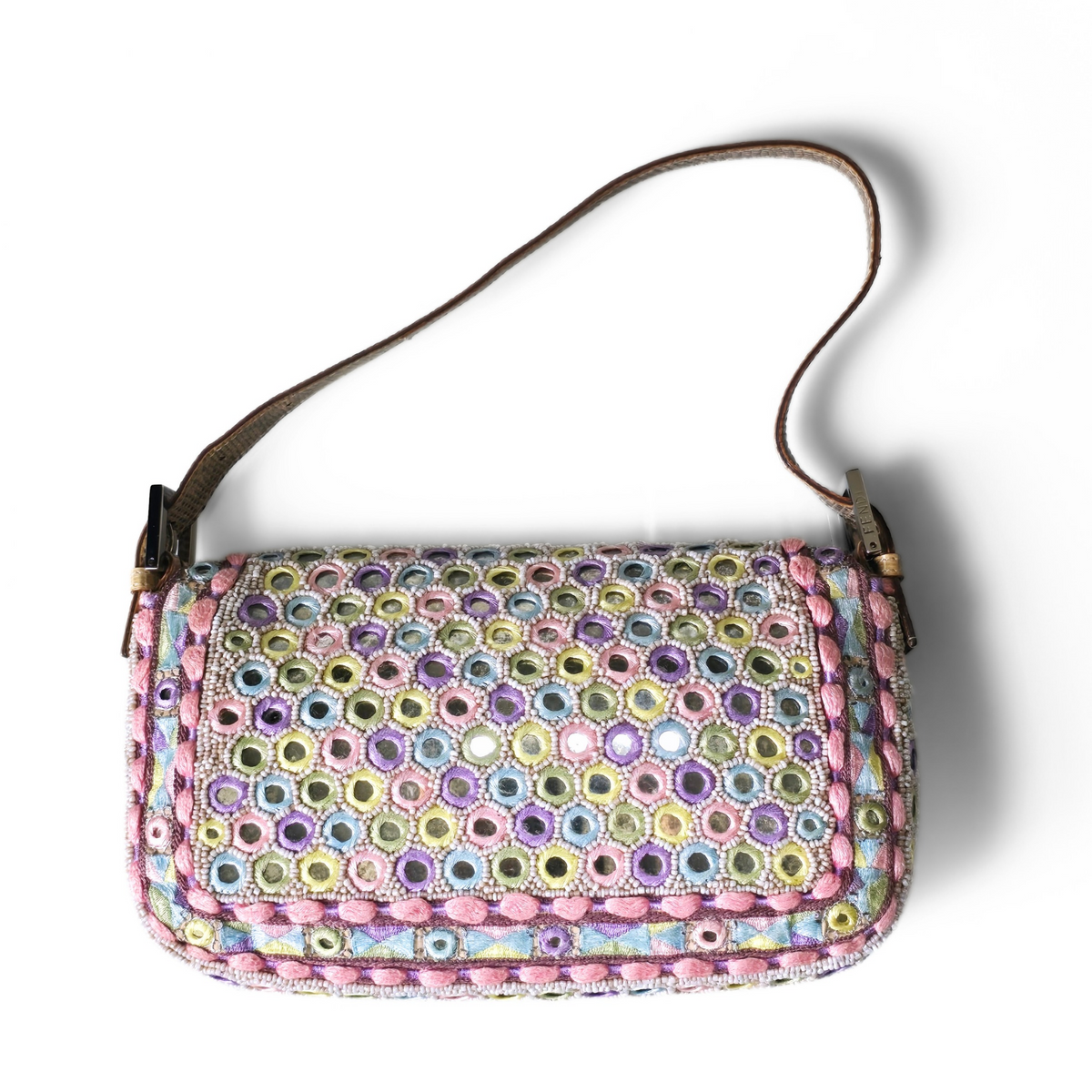 Fendi Baguette Pastels Mirror Embroidered Beaded Lizard Leather Trim