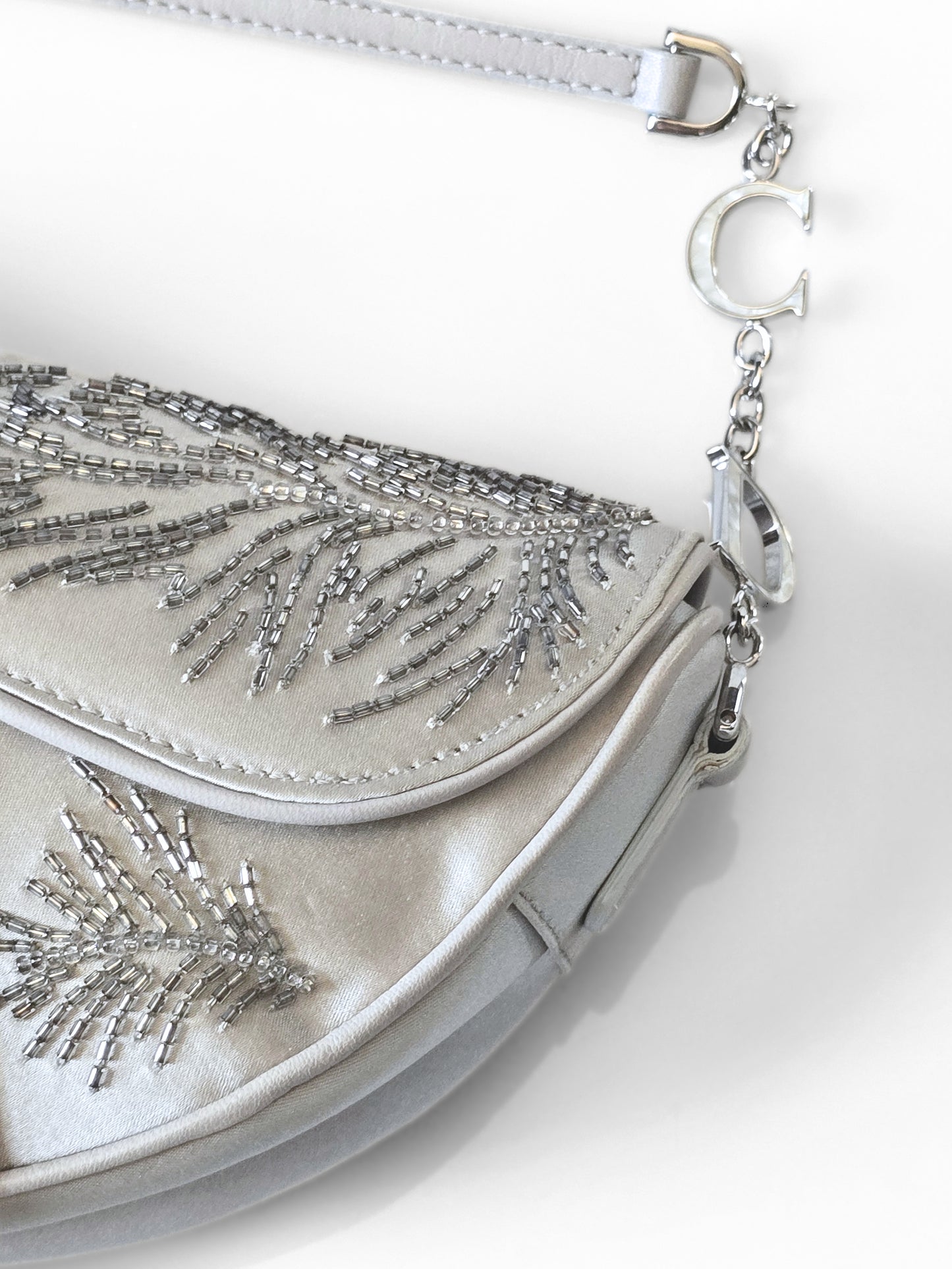 Dior Saddle Bag Limited Edition Beaded Silver Silk