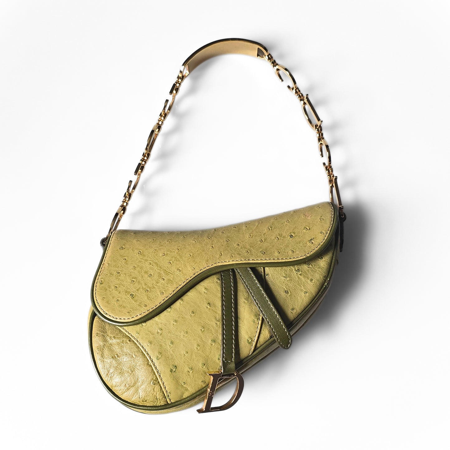Dior Saddle Bag Green Ostrich Leather C&D Chain Strap Small