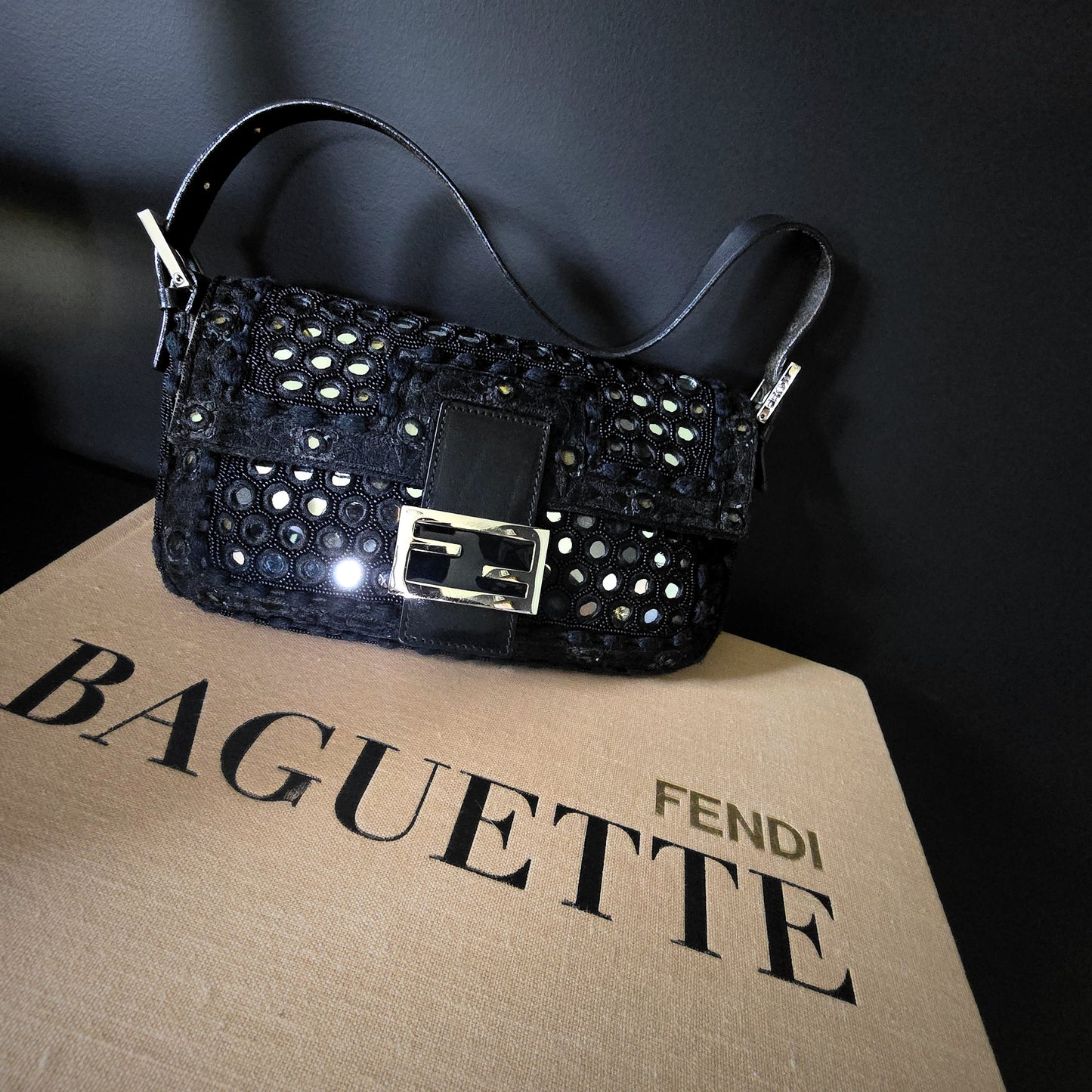 Fendi Baguette Mirror Beaded Embroidery Black