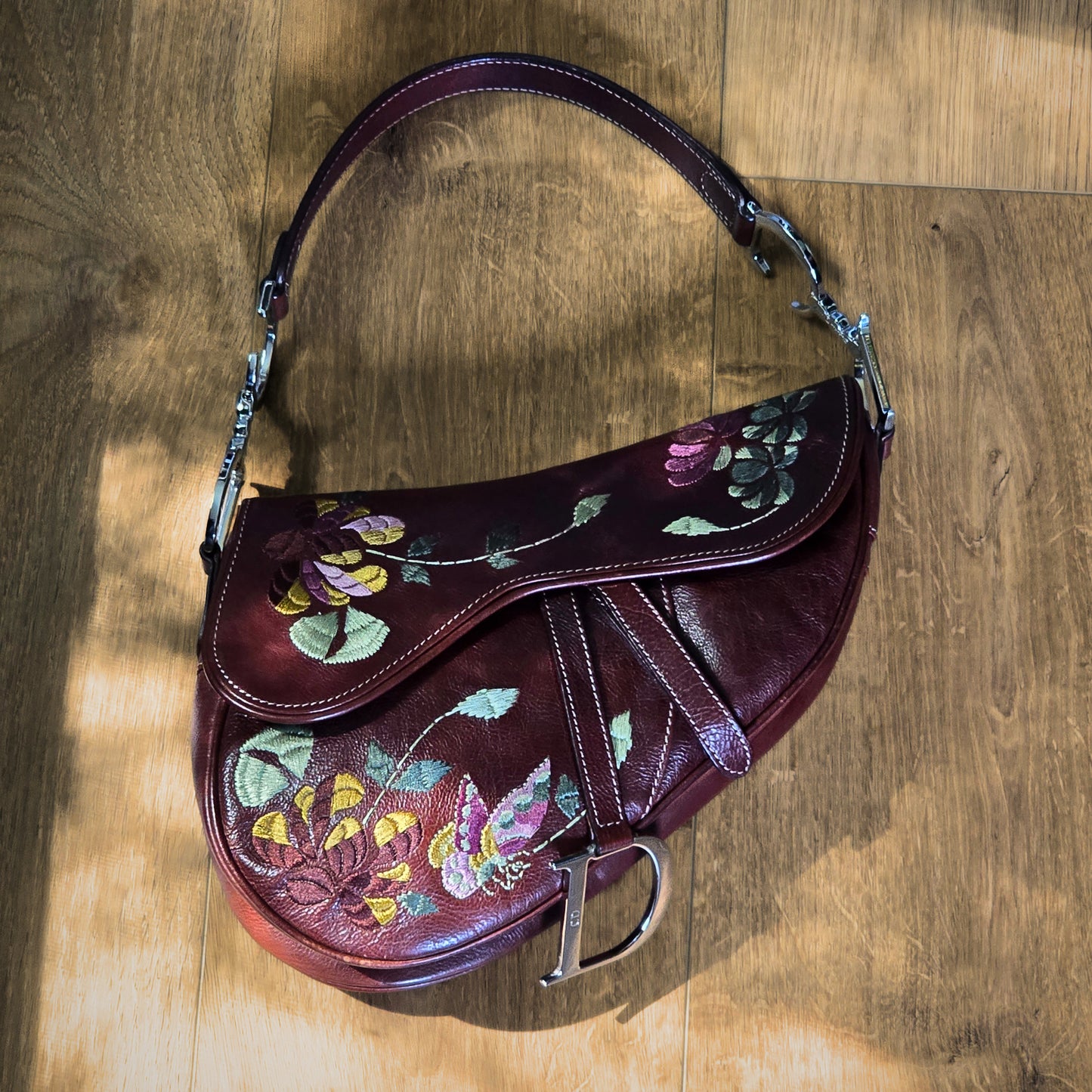 Dior Saddle Bag Floral Butterfly Embroidery Brown Leather