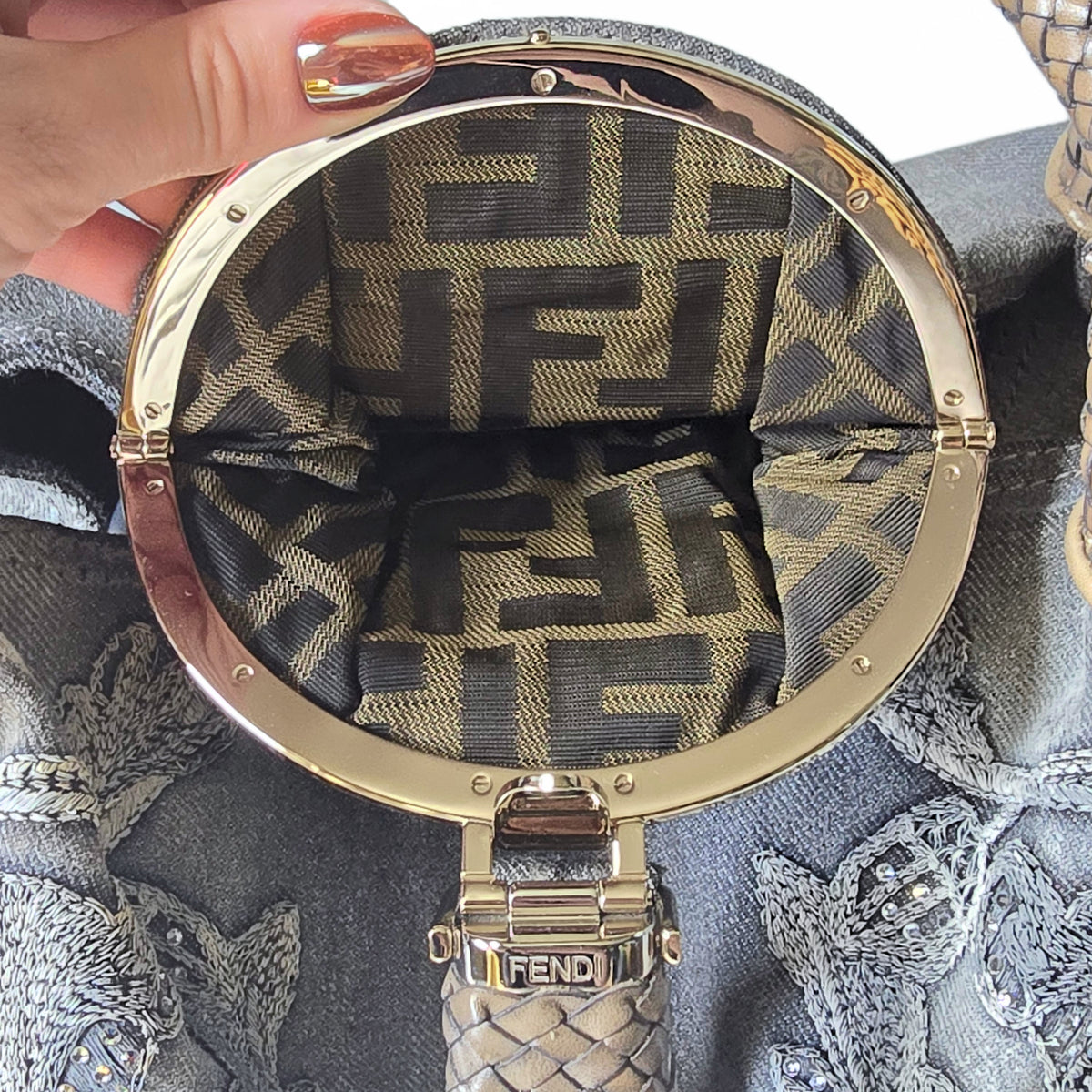 Fendi Limited Edition Denim Spy Bag Embroidered Rhinestone Squirrels