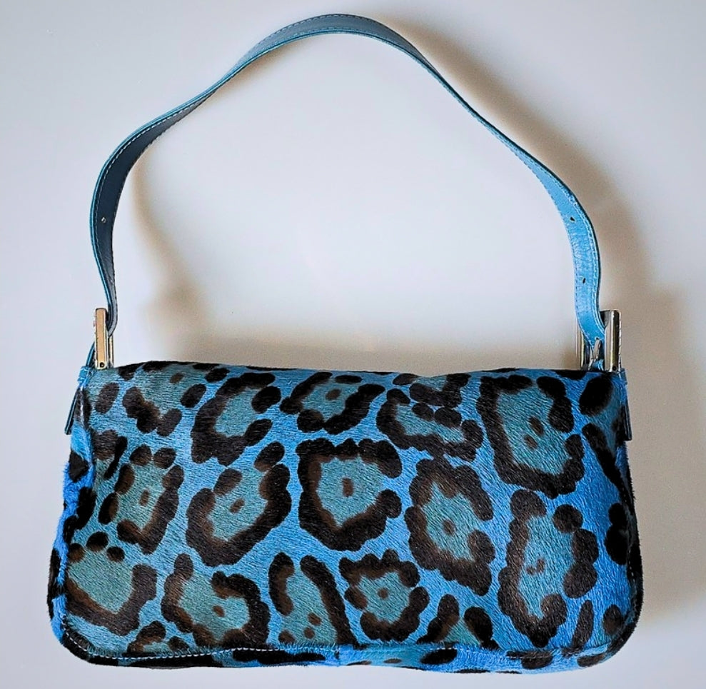 Fendi Baguette Leopard Print Pony Hair Blue with Crystal Detail