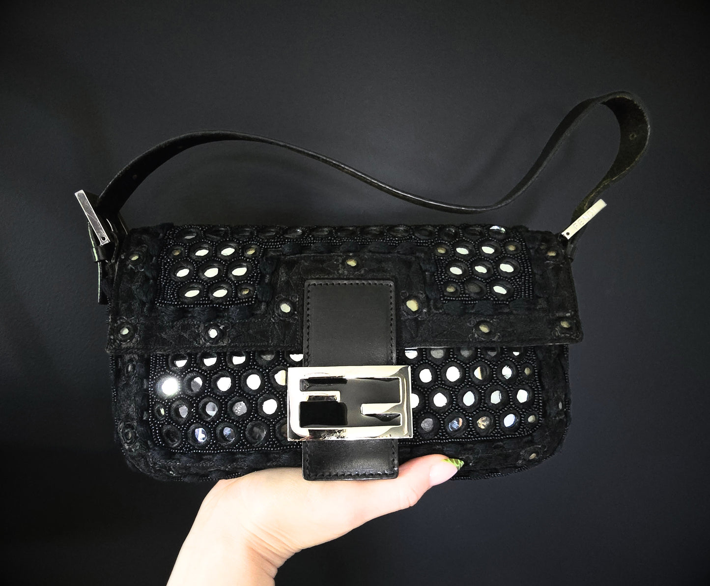 Fendi Baguette Mirror Beaded Embroidery Black