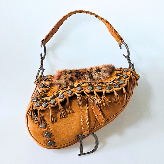 Dior Saddle Bag Suede Studded Fur Trim