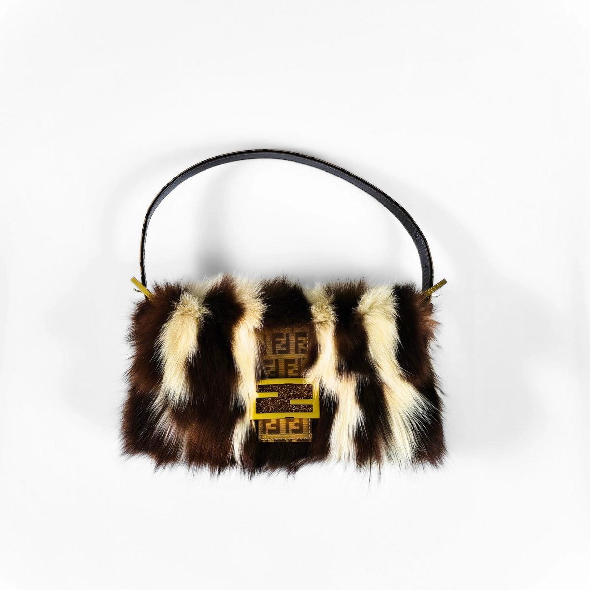 Fendi Baguette Genuine Skunk Fur Zucchino Trim Gold Glitter HW