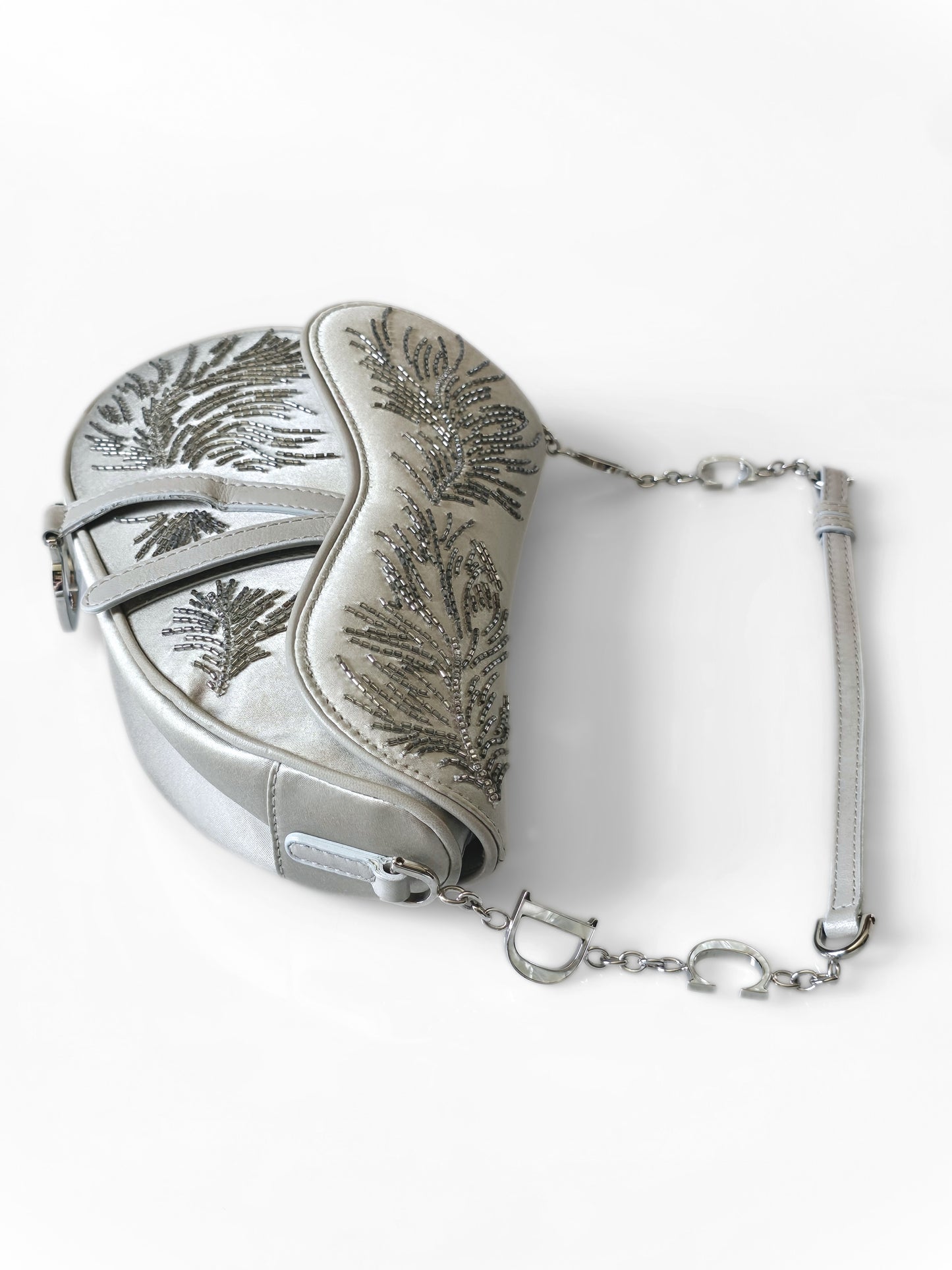 Dior Saddle Bag Limited Edition Beaded Silver Silk