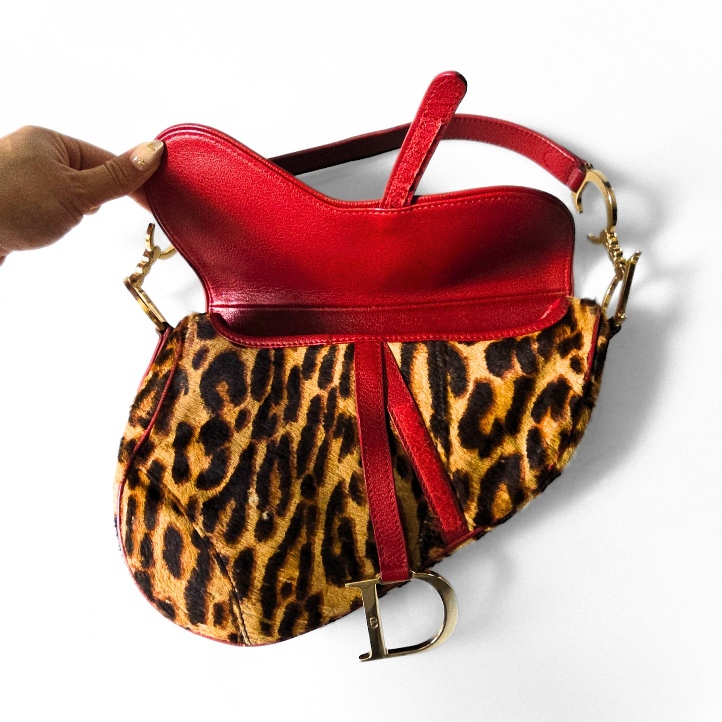 Dior Saddle Bag Leopard Pony-Hair Red Leather Detail